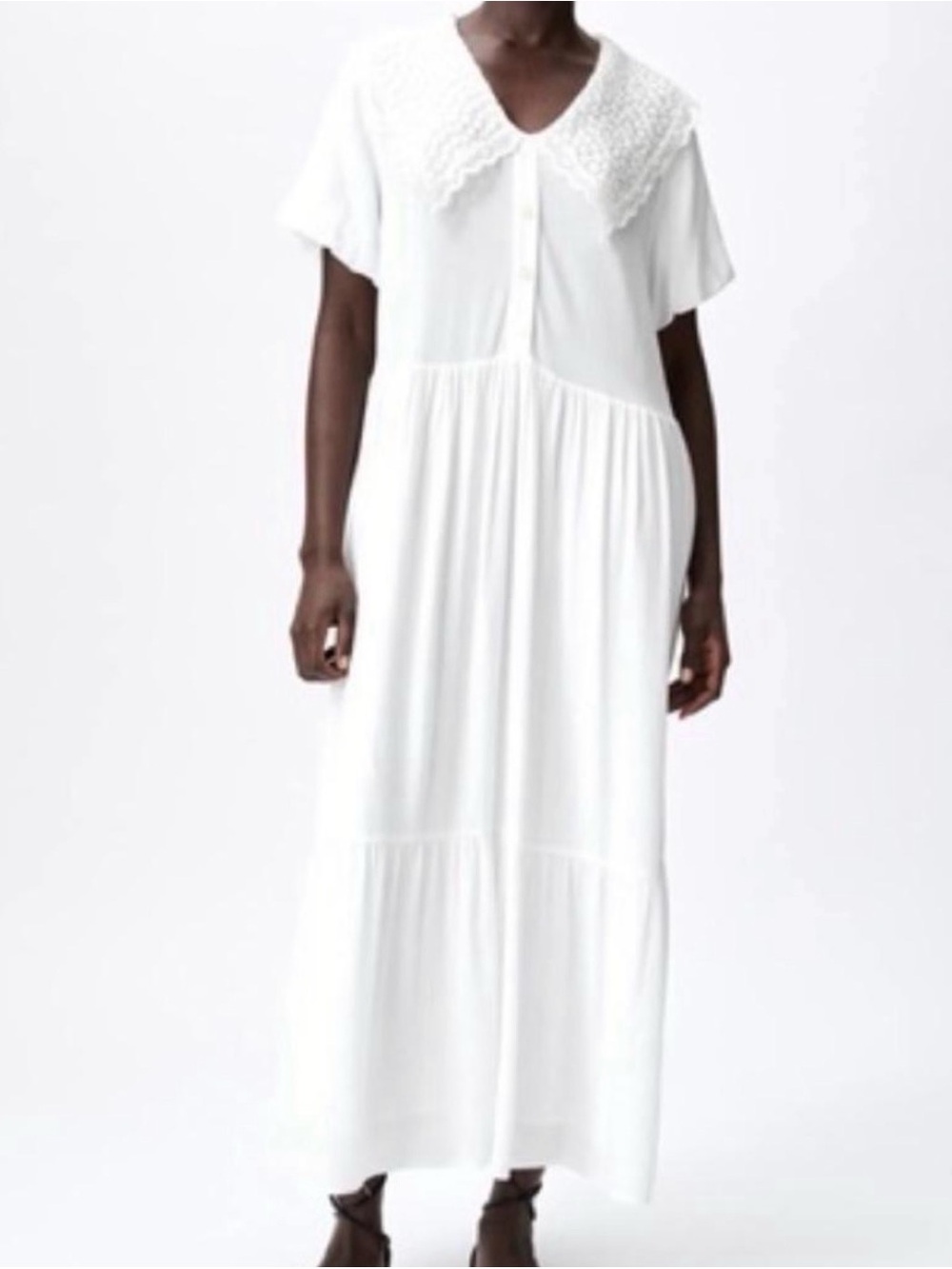 Zara White Textured Maxi Dress with Crochet Detail